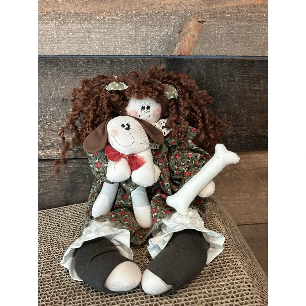 Vintage‎ Handmade Doll With Puppy & Bone Country Farmhouse